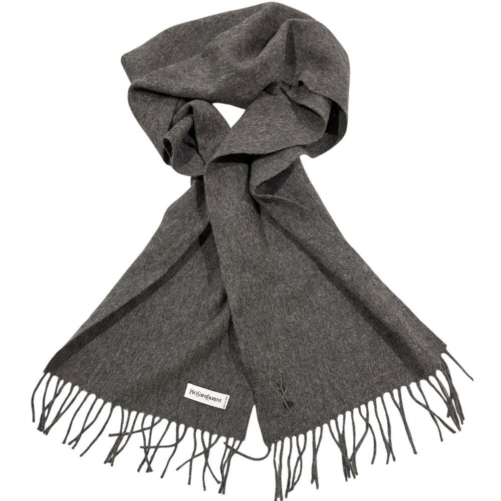 15-97(4) YSL 100% Pure Wool Fringe Scarf Gray 36"L